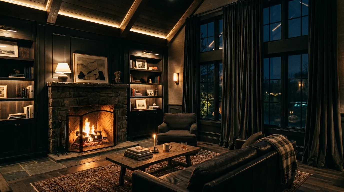 Add brass or glass for small points of reflection inspiration for a moody living room.
